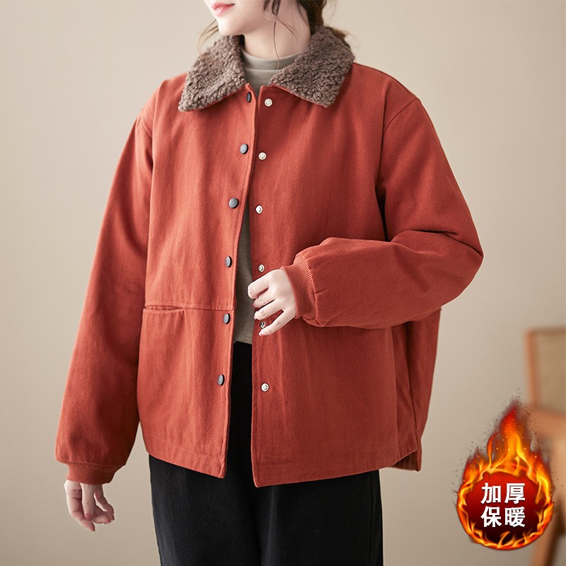5色入 文艺复古纯色加绒外套2023冬季新款保暖短款棉袄外套女装